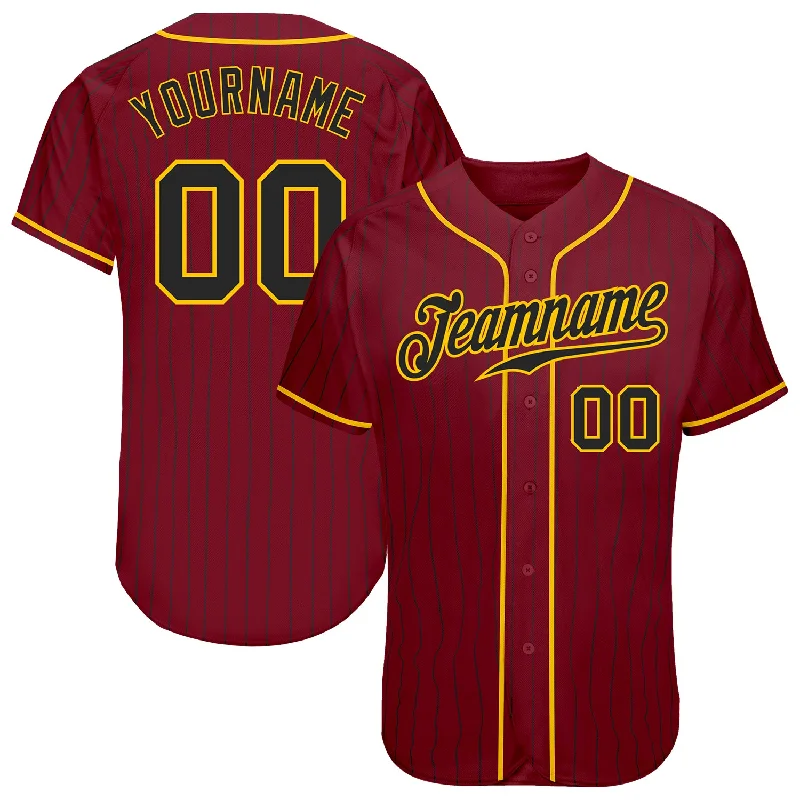 Custom Crimson Black Pinstripe Black-Gold Authentic Baseball Jersey