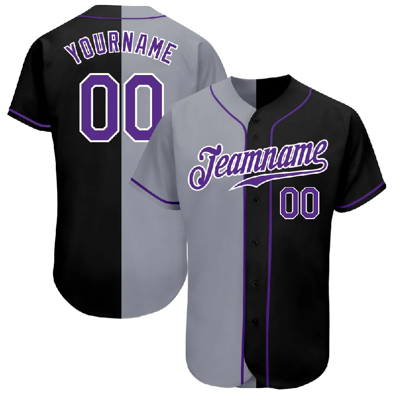 Custom Black Purple-Gray Authentic Split Fashion Baseball Jersey