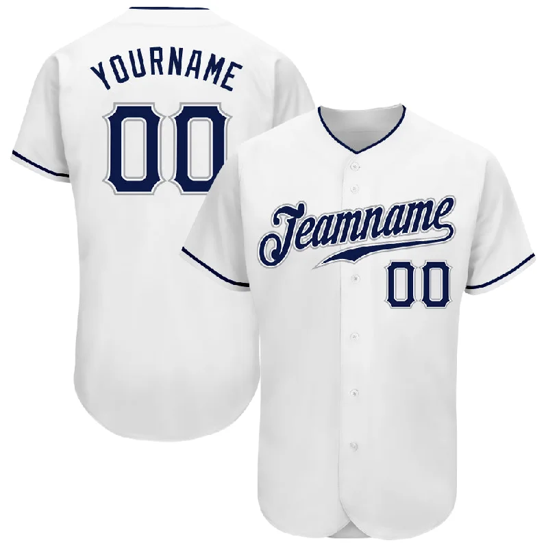 Custom White Navy-Gray Authentic Baseball Jersey