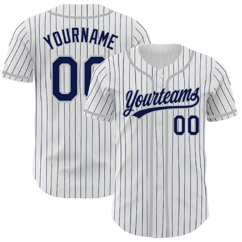 Custom White Navy Pinstripe Navy-Gray Authentic Baseball Jersey