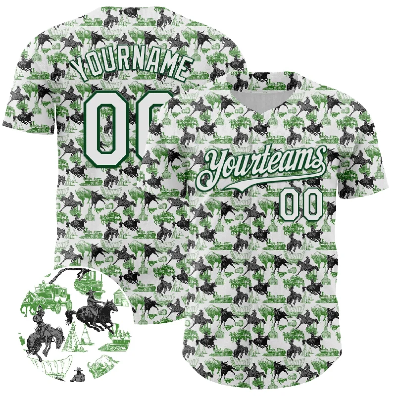 Custom White Green 3D Pattern Design Rodeo Cowboy Authentic Baseball Jersey