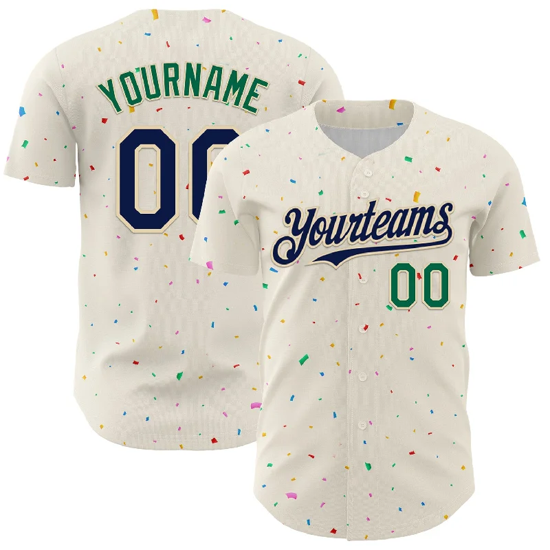 Custom Cream Navy-Kelly Green 3D Pattern Design Confetti Authentic Baseball Jersey