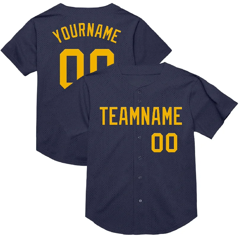 Custom Navy Gold Mesh Authentic Throwback Baseball Jersey