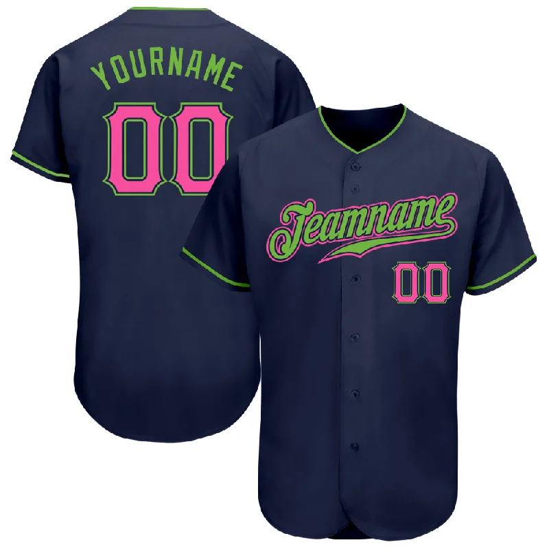 Custom Navy Pink-Neon Green Authentic Baseball Jersey