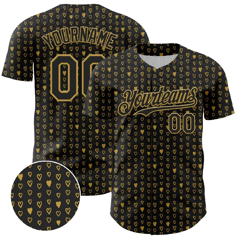 Custom Black Old Gold 3D Pattern Design Hearts Authentic Baseball Jersey