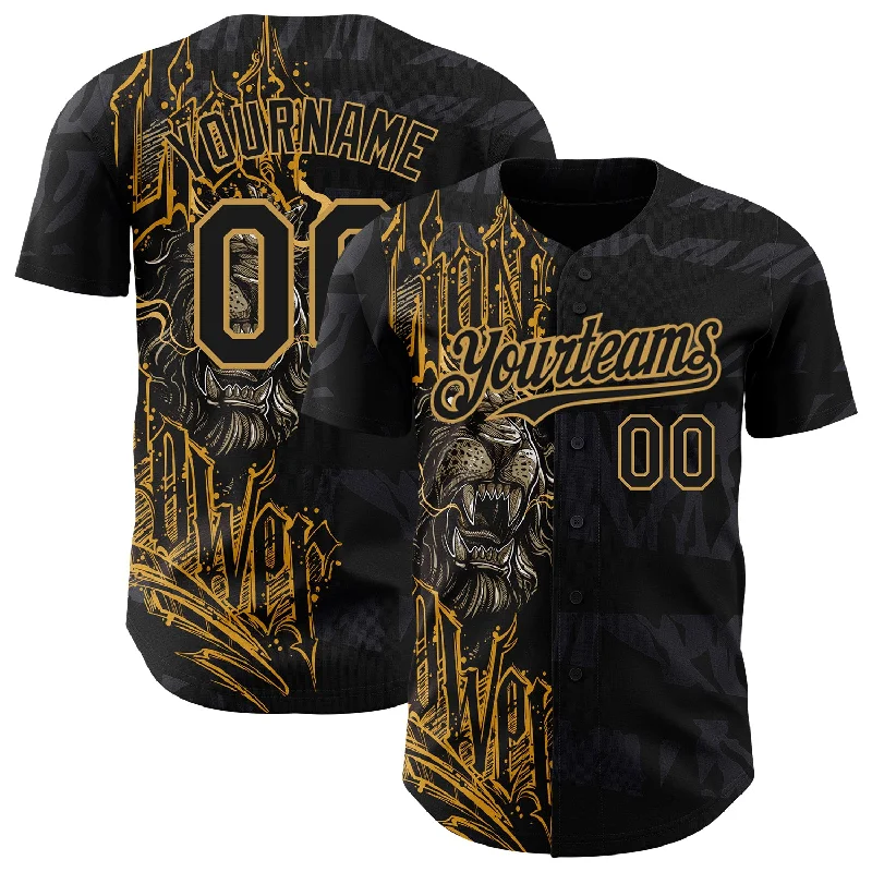 Custom Black Old Gold 3D Pattern Design Animal Lion Authentic Baseball Jersey