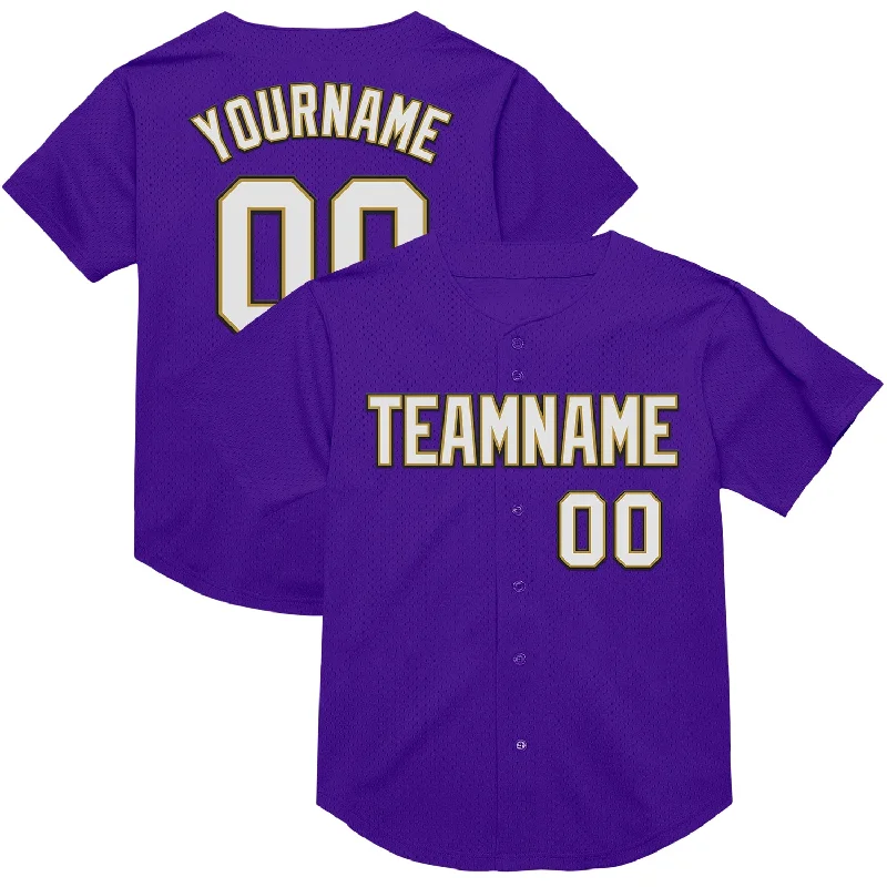 Custom Purple Old Gold-Black Mesh Authentic Throwback Baseball Jersey