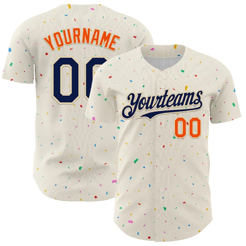 Custom Cream Navy-Orange 3D Pattern Design Confetti Authentic Baseball Jersey