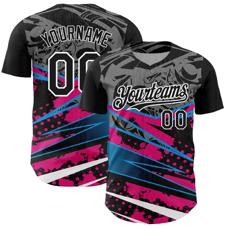 Custom Black Pink-White 3D Pattern Design Splatter Art Authentic Baseball Jersey