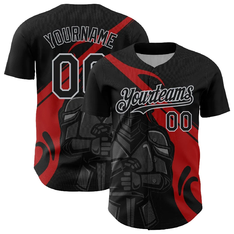 Custom Black Red-Gray 3D Pattern Design Knight Hero Art Authentic Baseball Jersey