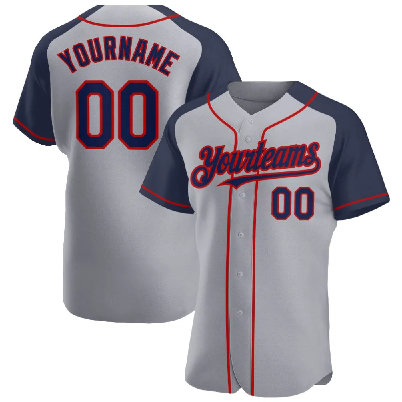 Custom Gray Navy-Red Authentic Raglan Sleeves Baseball Jersey