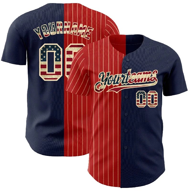 Custom Navy Vintage USA Flag Red-Cream Pinstripe Authentic Split Fashion Baseball Jersey