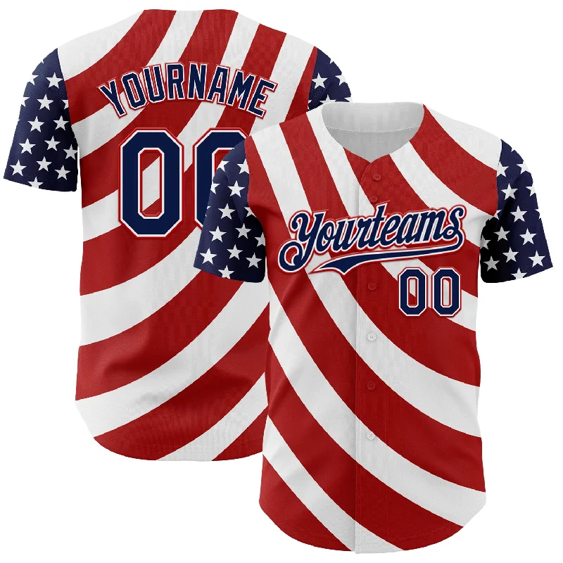 Custom White Navy-Red 3D American Flag Authentic Baseball Jersey