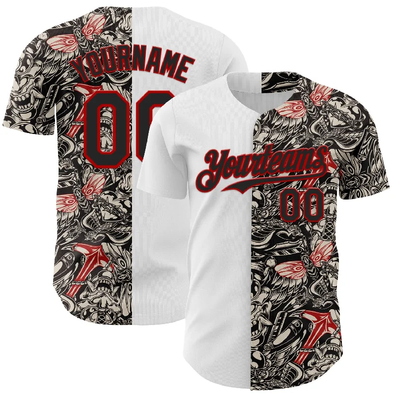 Custom White Black-Red 3D Pattern Design Vintage Tattoos Authentic Baseball Jersey