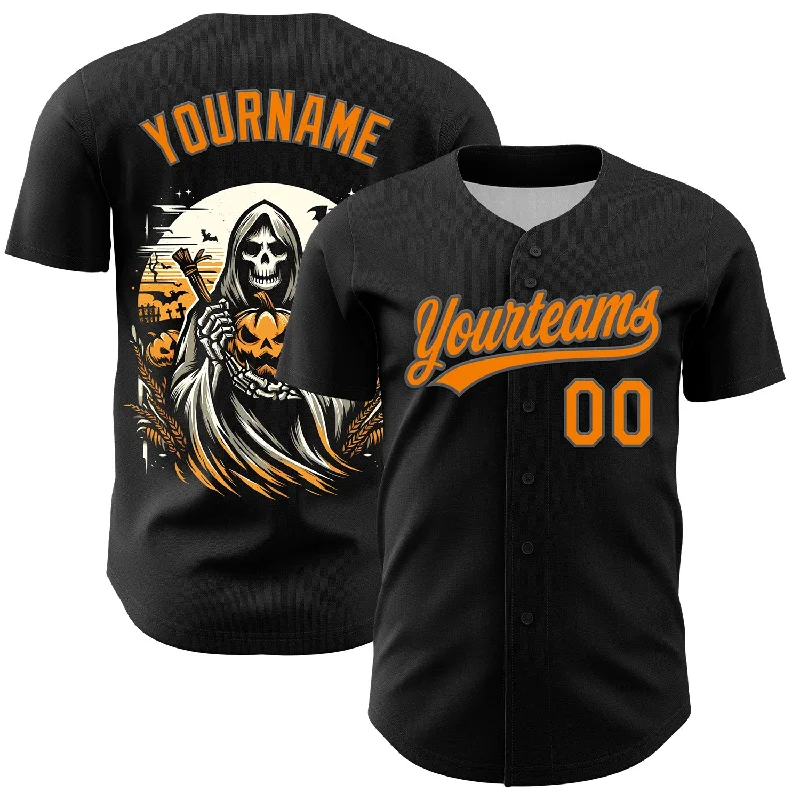 Custom Black Bay Orange-Steel Gray 3D Halloween Authentic Baseball Jersey