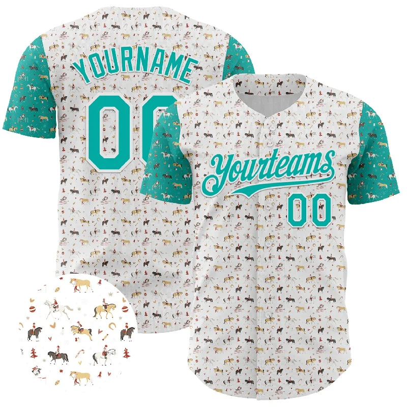 Custom White Aqua 3D Pattern Design Rodeo Cowboy Authentic Baseball Jersey