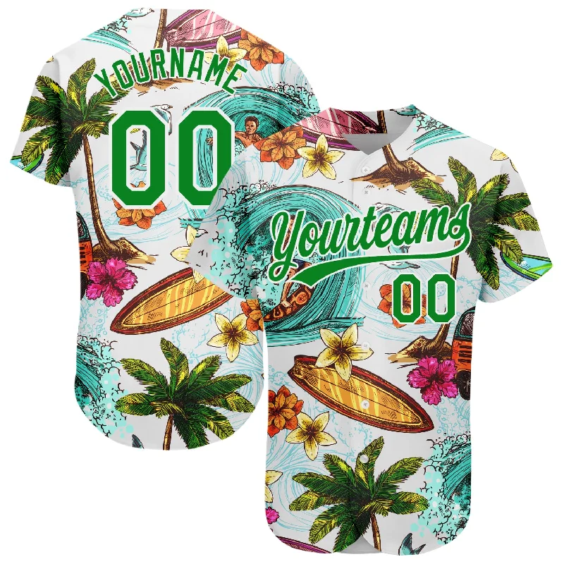 Custom White Grass Green 3D Pattern Design Hawaii Palm Trees And Beach Surfing Authentic Baseball Jersey