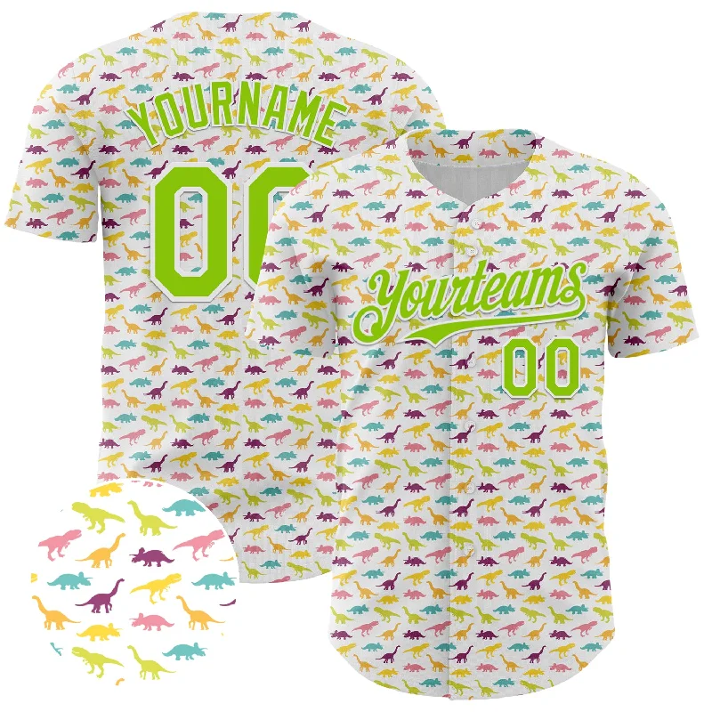 Custom White Neon Green 3D Pattern Design Animal Dinosaur Authentic Baseball Jersey