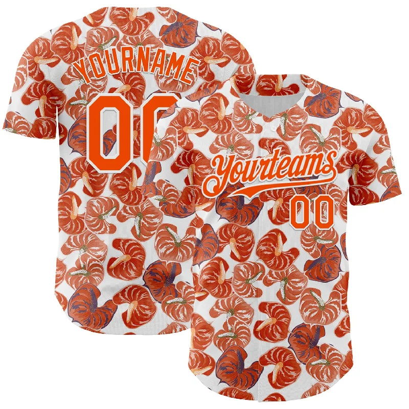 Custom White Orange 3D Pattern Design Tropical Anthurium Flower Authentic Baseball Jersey