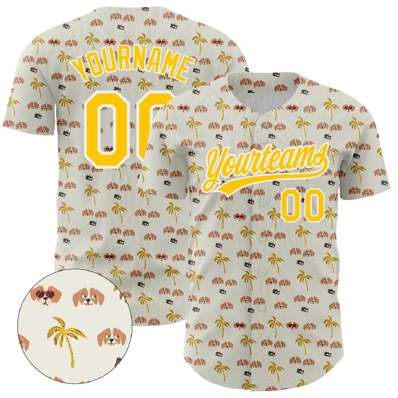 Custom White Yellow 3D Pattern Design Animal Dog And Hawaii Palm Trees Authentic Baseball Jersey