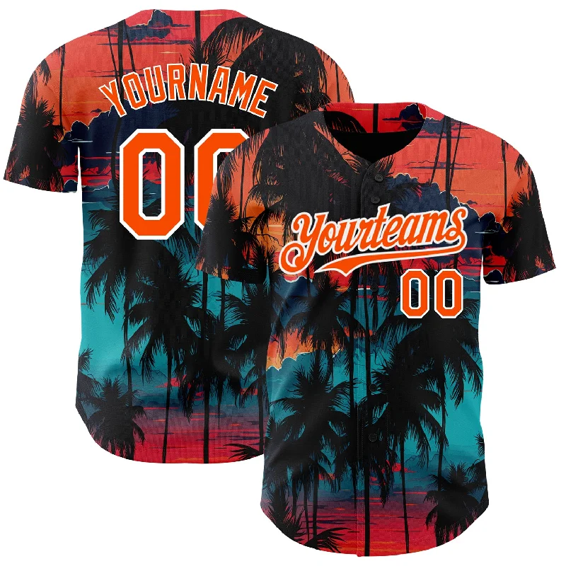 Custom Black Orange-White 3D Pattern Design Tropical Hawaii Palms Trees Authentic Baseball Jersey