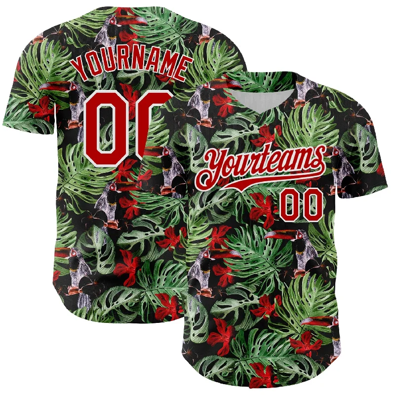 Custom Black Red-White 3D Pattern Design Tropical Plant And Bird Authentic Baseball Jersey