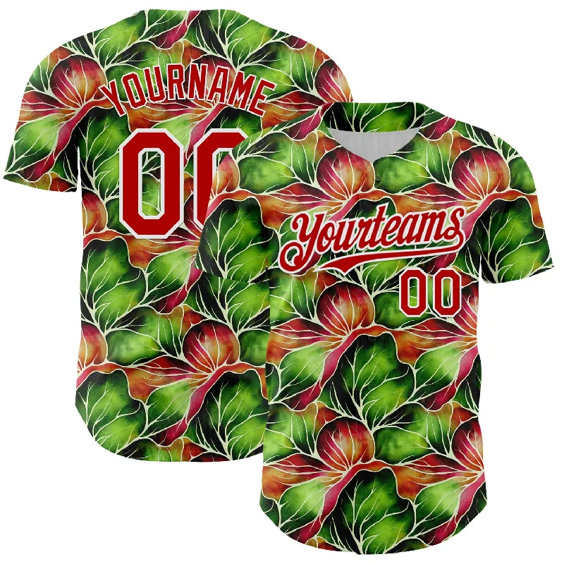 Custom Black Red-White 3D Pattern Design Tropical Plant Authentic Baseball Jersey