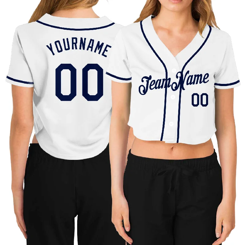 Custom Women's White Navy V-Neck Cropped Baseball Jersey