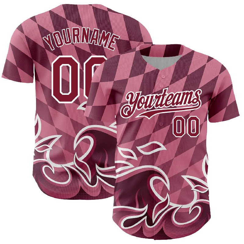 Custom Light Pink Crimson-White 3D Pattern Design Flame Authentic Baseball Jersey