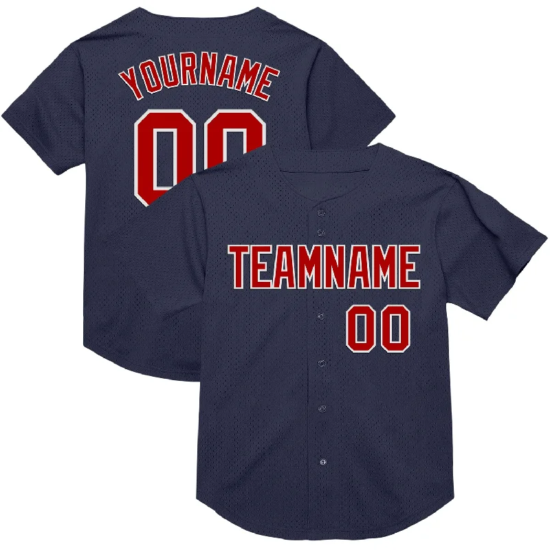 Custom Navy Red-White Mesh Authentic Throwback Baseball Jersey