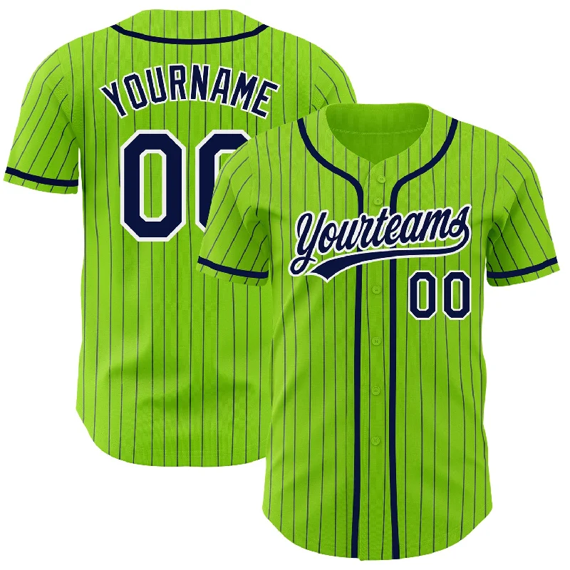 Custom Neon Green Navy Pinstripe White Authentic Baseball Jersey