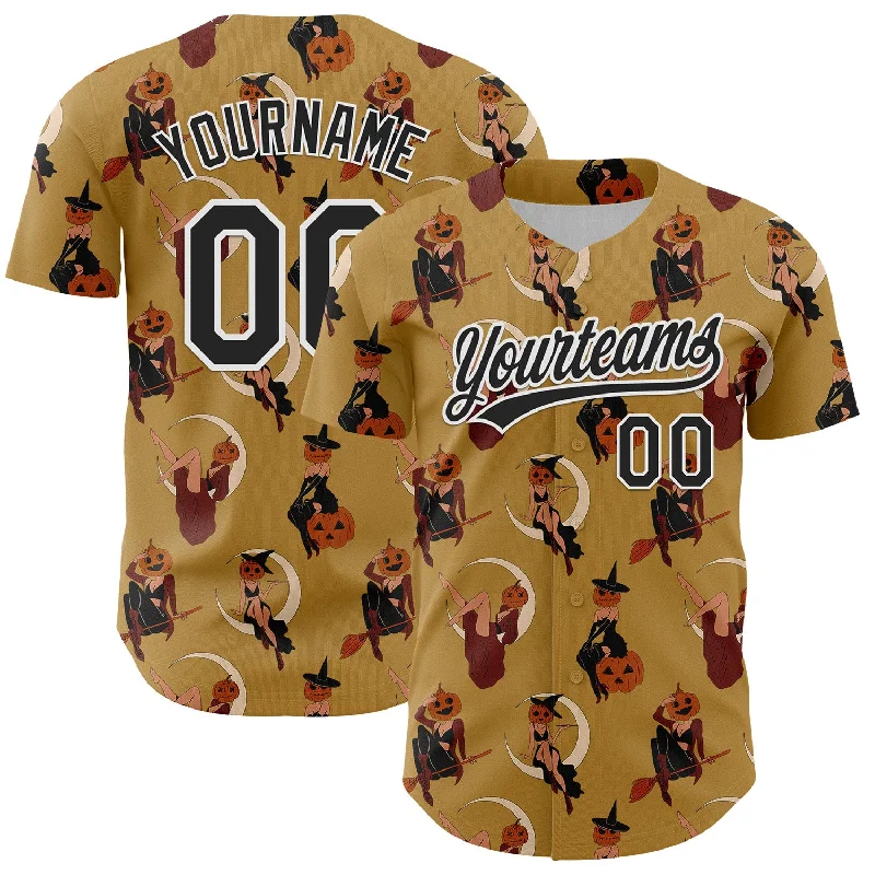 Custom Old Gold Black-White 3D Pattern Halloween Authentic Baseball Jersey